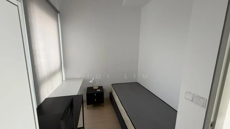 Bedroom features: white painted walls, laminate flooring, single bed frame, mattress without bedding, nightstand, table lamp, window with roller blinds, built-in wardrobe; style: minimalist.