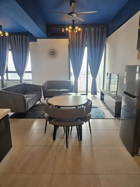 Living features: blue painted ceiling, grey fabric sofa, 2-seater sofa, round dining table, 4 dining chairs, TV console, wall-mounted TV, large windows with sheer curtains, area rug, ceiling fan with light, decorative wall clock; style: modern; view: city.