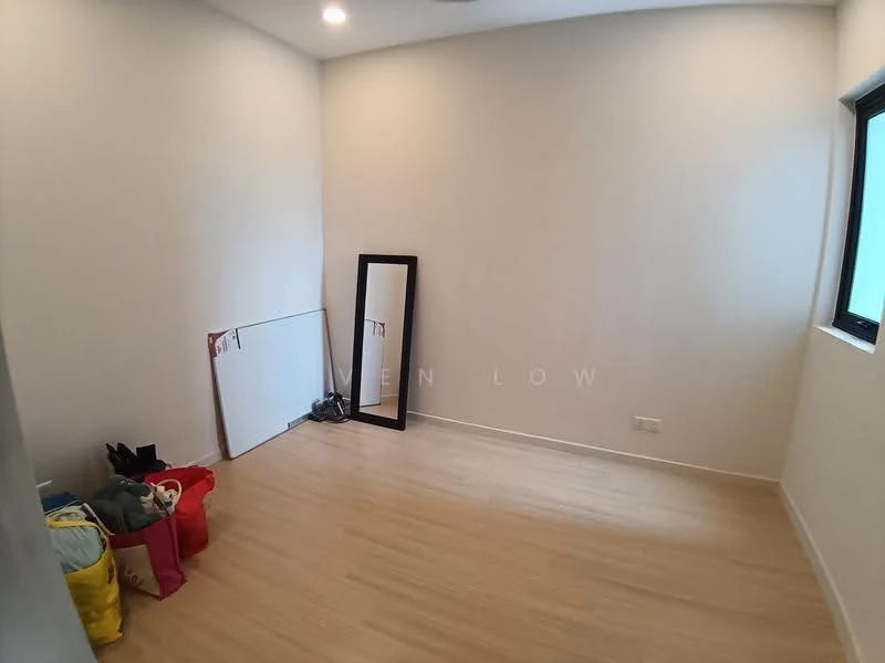 Room features: light wood flooring, white painted walls, large window, full-length mirror, unmade bed with bedding, bags and clothing on the floor.