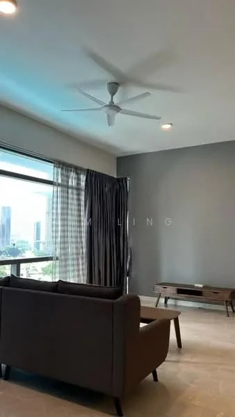 Living features: floor-to-ceiling windows, grey curtains, 5-blade ceiling fan with light, wall-mounted TV console, coffee table, sofa in dark grey, tile flooring, recessed downlights; style: modern; view: city.