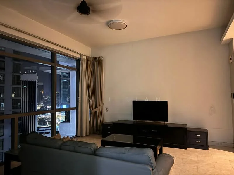 Living features: floor-to-ceiling windows, curtains, 3-seater fabric sofa in light blue, coffee table, TV console, wall-mounted TV, ceiling fan, marble flooring, decorative wall, city view; style: modern; view: city.