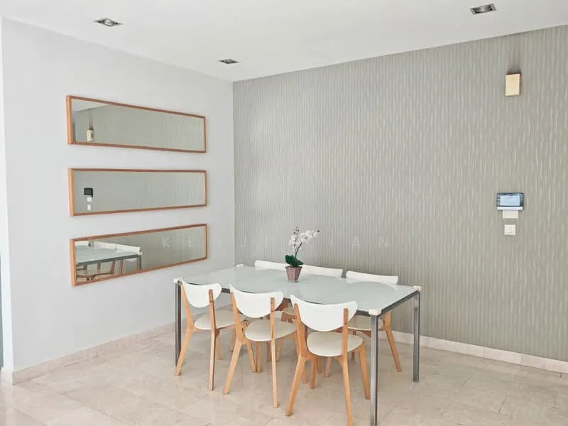 Dining features: glass dining table, 4 wooden dining chairs with light wood finish, decorative potted plant on table, textured feature wall with vertical stripes, 3 rectangular mirrors on wall, marble flooring, recessed ceiling lights, wall-mounted control panel; style: modern.