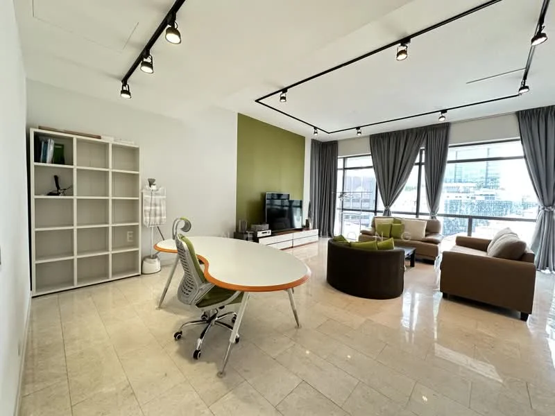 Living features: cream painted walls, green accent wall, marble tile flooring, recessed downlights, floor-to-ceiling windows, sheer curtains, 3-seater fabric sofa in beige, 2-seater fabric sofa in brown, round coffee table, TV console, open shelving unit, study desk with ergonomic chair; style: modern; view: city.