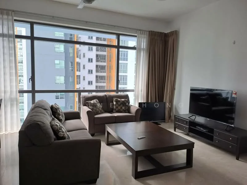 Living features: 3-seater fabric sofa in grey, 2-seater fabric sofa in grey, coffee table, TV console, wall-mounted TV, floor-to-ceiling windows, sheer curtains, light-coloured walls, tile flooring, ceiling fan; style: modern; view: city.