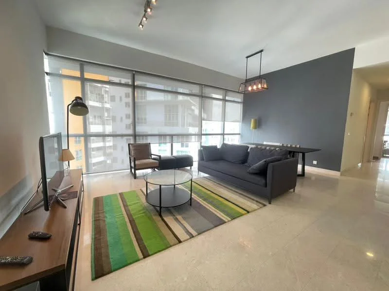 Living features: grey accent wall, white painted walls, marble tile flooring, 5-blade ceiling fan with light, floor-to-ceiling windows, sheer curtains, sofa in dark grey, coffee table with glass top, area rug with striped pattern, TV console, wall-mounted TV, decorative lamp, side chair in wood, dining table against wall; style: modern; view: city.