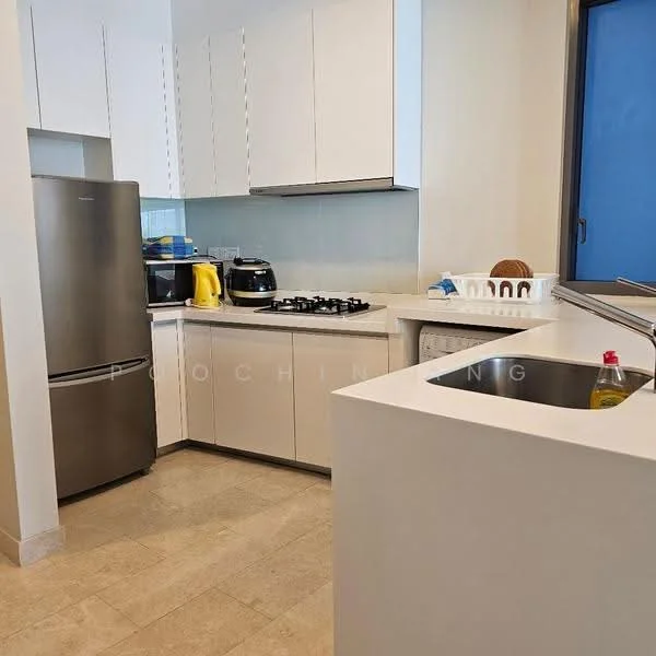 Kitchen features: stainless-steel fridge, built-in oven, 4-burner gas hob, stainless-steel sink, chrome pull-down faucet, white cabinetry, countertop with backsplash, tile flooring, window with view, kitchen appliances including kettle and rice cooker; style: modern.