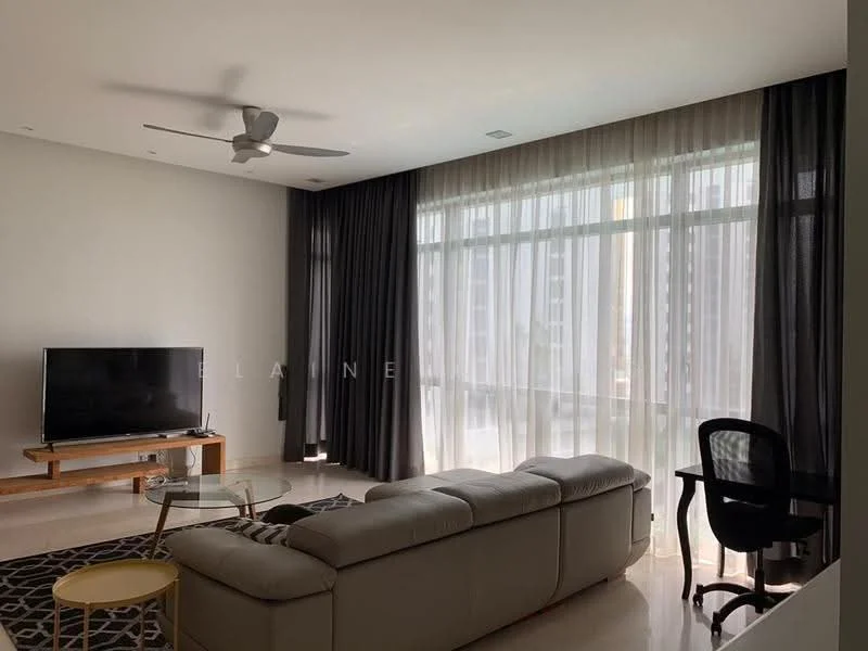 Living features: 3-seater leather sofa, coffee table, wall-mounted TV, TV console, area rug with geometric pattern, 5-blade ceiling fan, floor-to-ceiling windows, sheer curtains, blackout curtains, light-colored walls, marble flooring; style: modern; view: city.