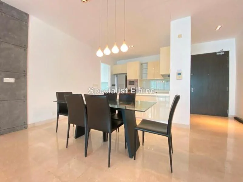 Dining features: glass dining table, 4 black dining chairs, marble flooring, white painted walls, recessed downlights, open layout to kitchen, modern pendant lighting; style: modern. Kitchen features: kitchen cabinetry in light color, stainless-steel appliances, countertop with bar seating, open layout to dining area; style: modern.