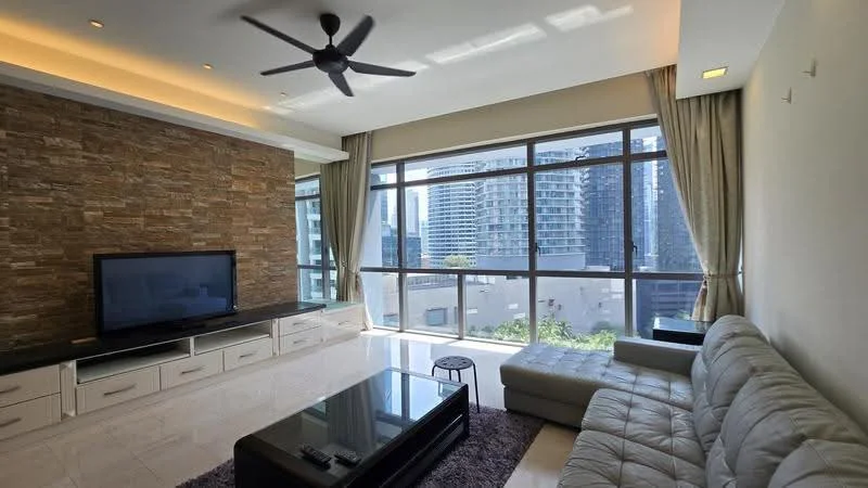Living features: grey leather sectional sofa, black coffee table, TV console, wall-mounted TV, stone accent wall, recessed lighting, 5-blade ceiling fan, floor-to-ceiling windows, sheer curtains, marble tile flooring, area rug, decorative wall, city view; style: modern; view: city.