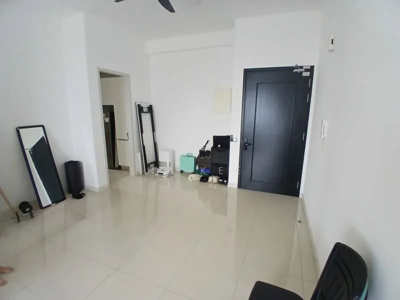 Room features: white painted walls, glossy tile flooring, black door, full-length mirror, black chair, refrigerator, green storage box, decorative items on the floor, ceiling fan; style: modern.