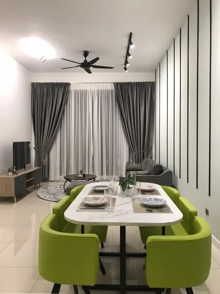 Living features: grey fabric sofa, round coffee table, TV console, wall-mounted TV, 5-blade ceiling fan, recessed LED downlights, floor-to-ceiling windows, sheer curtains, blackout curtains, decorative area rug, green dining chairs, white dining table, decorative vase with flowers; style: modern.