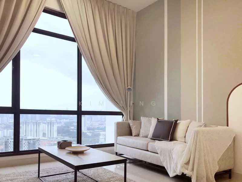 Living features: large floor-to-ceiling windows, city skyline view, light beige fabric sofa, decorative throw pillows, coffee table, area rug, curtains in light cream color, neutral wall color with vertical stripes, recessed ceiling lights; style: modern; view: city.