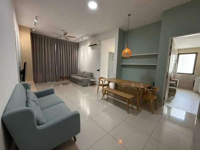 Living features: 3-seater fabric sofa in light grey, 2-seater fabric sofa in light grey, coffee table, wall-mounted TV, ceiling fan, recessed downlights, white painted walls, glossy tile flooring, curtains in grey, decorative wall shelf, dining table with 4 chairs, open layout to dining area; style: modern. Dining features: dining table with 4 wooden chairs, white painted walls, glossy tile flooring, natural light from window; style: modern.