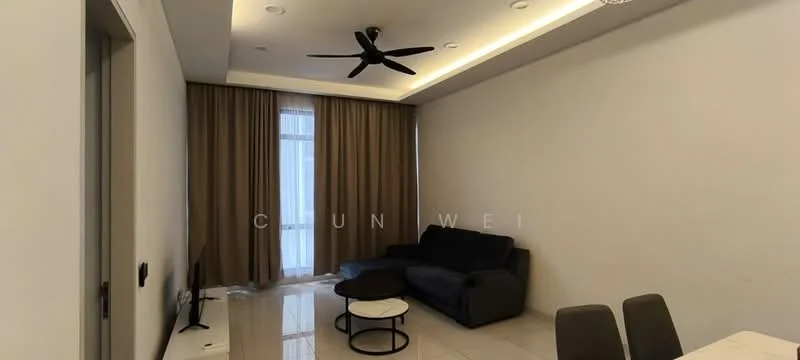 Living features: 3-seater fabric sofa in dark grey, round coffee table with black top and metal base, floor-to-ceiling windows with sheer curtains, recessed LED downlights, 5-blade ceiling fan with light, glossy tile flooring, neutral painted walls, decorative wall with indirect lighting; style: modern.