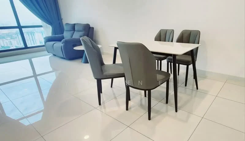 Dining features: white marble dining table, 4 upholstered dining chairs in grey, polished ceramic tile flooring, floor-to-ceiling windows, curtains in blue, grey fabric sofa in living area visible, neutral painted walls, open layout; style: modern; view: city.
