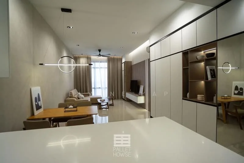 Living features: light grey painted walls, polished marble flooring, 5-blade ceiling fan with light, recessed LED downlights, large floor-to-ceiling windows with sheer curtains, L-shape sectional sofa in light beige, wooden coffee table, TV console with built-in shelving, decorative wall art, neutral-toned area rug; style: modern; view: city. Kitchen features: white cabinetry with flat-panel design, white quartz countertop, built-in appliances, open shelving, breakfast bar with seating; style: modern.