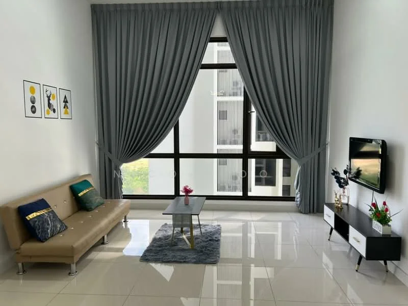 Living features: 3-seater beige sofa, decorative cushions in teal and gold, glass coffee table, area rug with geometric pattern, wall-mounted TV, white TV console with drawers, floor-to-ceiling windows, grey curtains, framed artwork on walls, white tiled flooring, indoor plants in decorative pots; style: modern; view: garden.