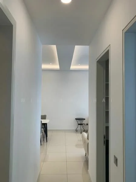 Hallway features: white painted walls, recessed ceiling lights, tile flooring, neutral color scheme, open layout, doorway to adjacent rooms, decorative ceiling design; style: modern.