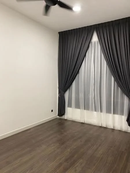 Room features: white painted walls, dark grey curtains, sheer white curtains, wooden flooring, ceiling fan, large window, light switch, baseboard; style: modern.
