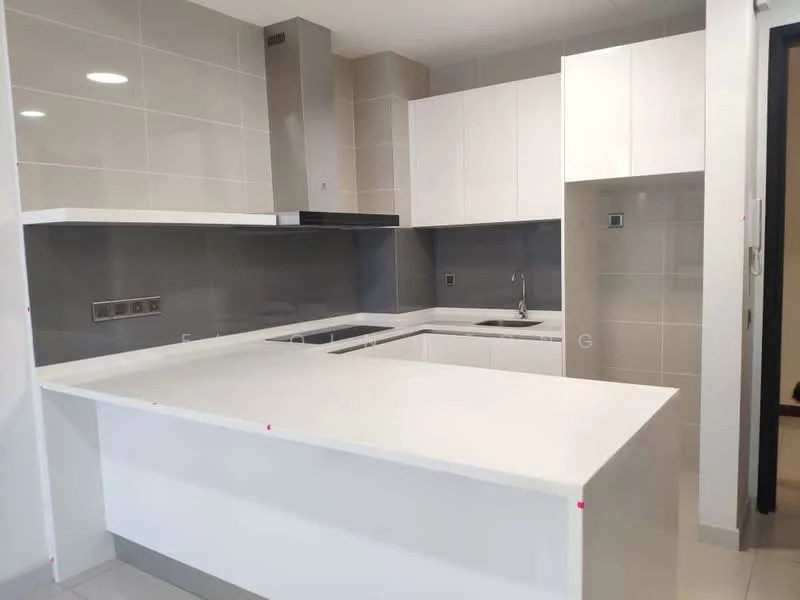 Kitchen features: white cabinetry, grey backsplash, white countertop, stainless-steel sink, chrome pull-down faucet, built-in oven, induction hob, ventilation hood, tile flooring, recessed downlights, wall-mounted electrical outlets, open shelving, modern design; style: modern.