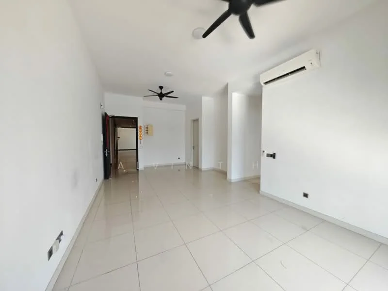 Room features: white painted walls, glossy ceramic tile flooring, 2 ceiling fans, 1 wall-mounted split AC, recessed downlights, open layout, no visible furniture, neutral color scheme; style: modern.