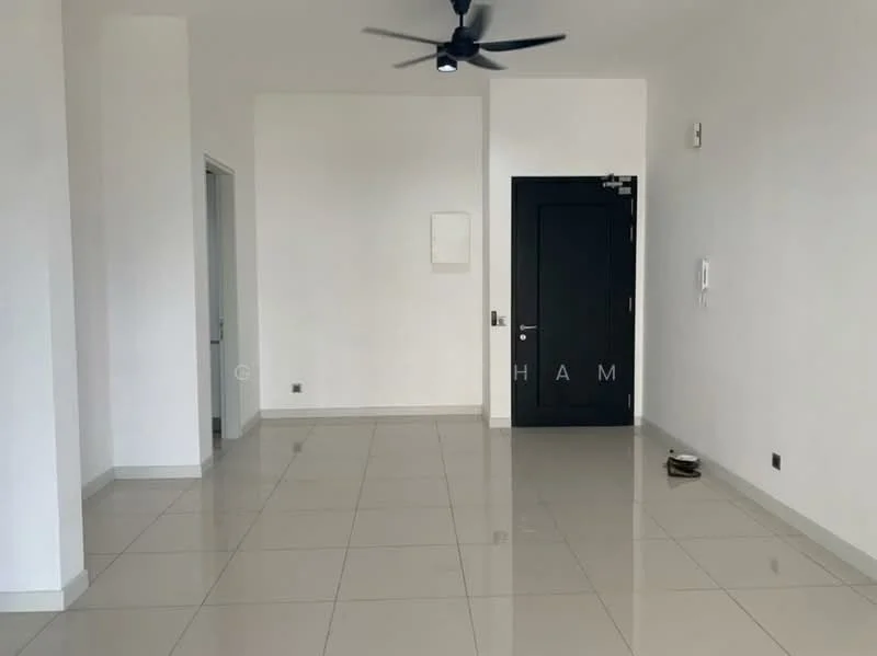 Room features: white painted walls, glossy ceramic tile flooring, 5-blade ceiling fan, black door, light switch, door frame, empty wall space, no visible furniture; style: modern.