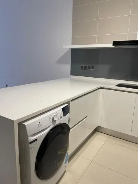 Kitchen features: white quartz countertop, white cabinetry, built-in washing machine, stainless-steel sink, grey tiled backsplash, modern kitchen design, under-cabinet lighting, ceramic tile flooring; style: modern.