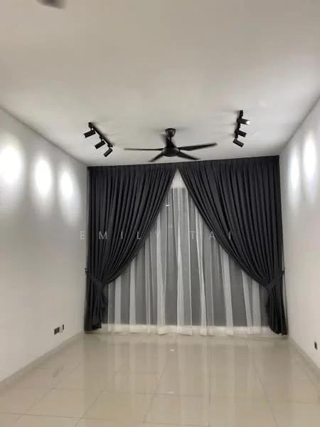 Room features: white painted walls, glossy tile flooring, 5-blade ceiling fan, track lighting, floor-to-ceiling windows with sheer curtains, grey curtains, recessed lighting; style: modern.