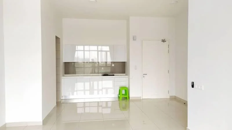 Room features: white painted walls, glossy tile flooring, kitchen cabinetry with white finish, built-in kitchen countertop, single-bowl stainless-steel sink, stainless-steel cooktop, green plastic stool, door with handle, large window for natural light, recessed ceiling lights; style: modern.