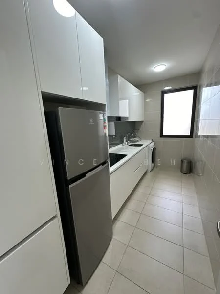 Kitchen features: white cabinetry, stainless-steel fridge, built-in oven, ceramic tile flooring, single-bowl stainless-steel sink, chrome pull-down faucet, white tiled backsplash, window with black frame, recessed ceiling lights, washing machine, countertop space, bin, dishwasher; style: modern.