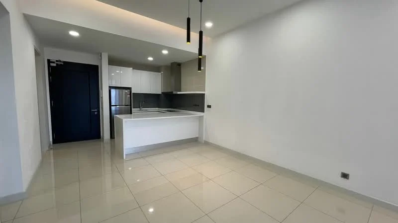 Kitchen features: white cabinetry, grey backsplash, stainless-steel fridge, stainless-steel sink, chrome pull-down faucet, white countertop, pendant lighting, recessed downlights, tile flooring, open layout; style: modern.