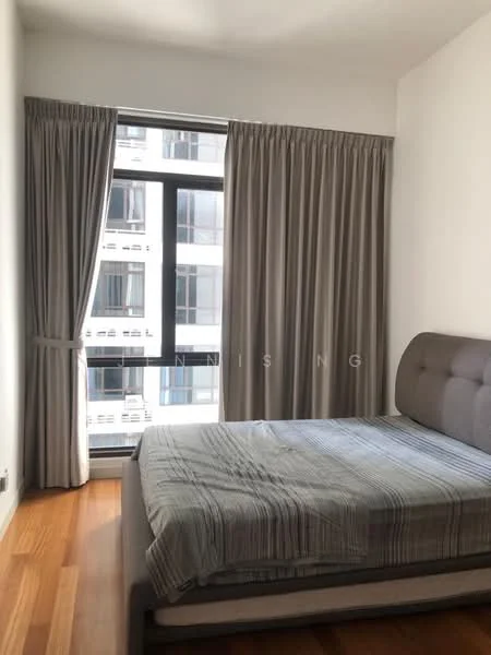 Bedroom features: queen-size bed, upholstered headboard, grey striped bedding, floor-to-ceiling windows, sheer curtains, blackout curtains, wooden flooring, decorative wall, built-in wardrobe; style: modern; view: city.