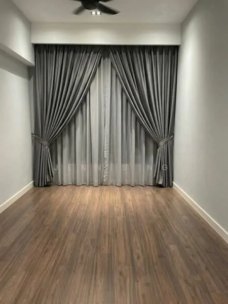 Room features: grey curtains, wooden flooring, recessed downlights, ceiling fan, white painted walls; style: modern.