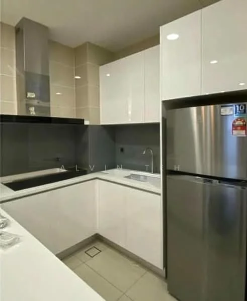 Kitchen features: white glossy cabinetry, stainless-steel fridge, built-in oven, black glass cooktop, single-bowl stainless-steel sink, chrome pull-down faucet, grey tiled backsplash, white quartz countertop, under-cabinet lighting, ceramic tile flooring, extraction hood, corner cabinet; style: modern.