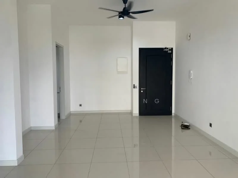 Room features: white painted walls, polished ceramic tile flooring, ceiling fan, black door, door frame, light switch, baseboards, no visible furniture; style: modern.