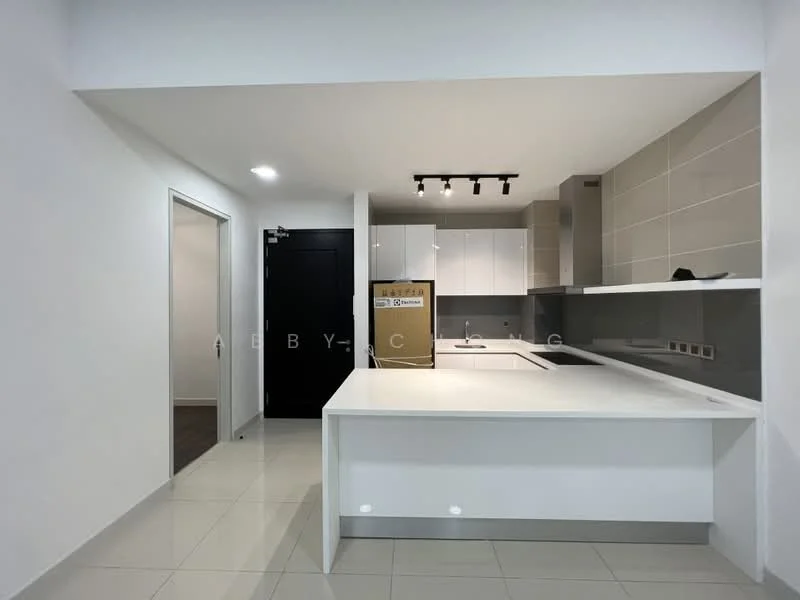 Kitchen features: white cabinetry, grey backsplash, white countertop, single-bowl stainless-steel sink, chrome pull-down faucet, built-in oven, stainless-steel fridge, induction hob, recessed downlights, tile flooring, open layout, wall-mounted cabinets, kitchen island; style: modern.