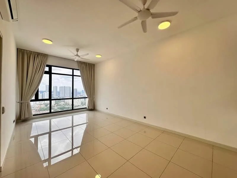 Living features: floor-to-ceiling windows, city view, white painted walls, polished ceramic tile flooring, 2 ceiling fans, recessed downlights, curtains, neutral color scheme; style: modern.