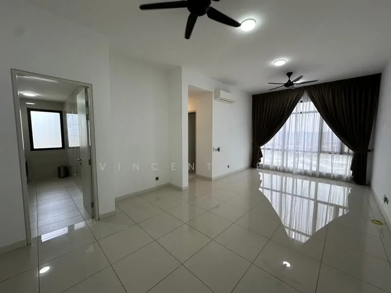Living features: white painted walls, glossy ceramic tile flooring, 2 ceiling fans, large floor-to-ceiling windows, sheer curtains, recessed downlights, air conditioning unit, neutral color scheme; style: modern; view: city. Room features: white painted walls, ceramic tile flooring, doorway leading to bathroom, window.