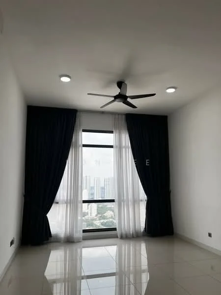 Room features: white painted walls, glossy tile flooring, 5-blade ceiling fan, floor-to-ceiling windows, sheer curtains, blackout curtains, recessed LED downlights; style: modern; view: city.