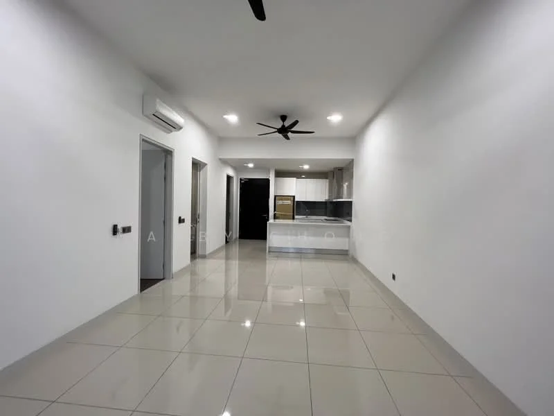 Living features: white painted walls, glossy ceramic tile flooring, 5-blade ceiling fan with light, wall-mounted split AC, open layout to kitchen, recessed downlights, doorway to kitchen, doorway to hallway; style: modern. Kitchen features: white cabinetry, black countertop, stainless-steel sink, built-in oven, freestanding range oven, refrigerator, tile backsplash, open layout to living area; style: modern.