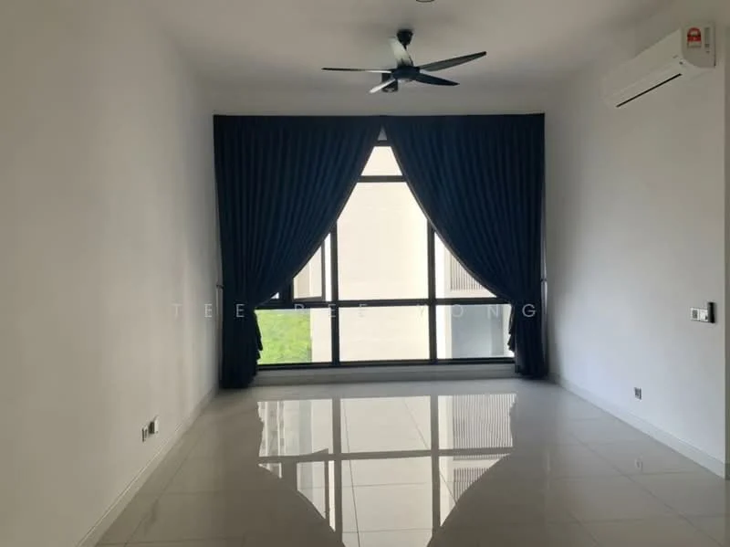 Living features: white painted walls, glossy ceramic tile flooring, 5-blade ceiling fan with light, floor-to-ceiling windows, blackout curtains, air conditioning unit, green view outside the window; style: modern; view: garden.