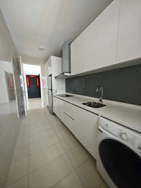 Kitchen features: white cabinetry, stainless-steel fridge, double-bowl stainless-steel sink, chrome pull-down faucet, white countertop, built-in oven, freestanding washing machine, ceramic tile flooring, grey accent wall, recessed downlights; style: modern.