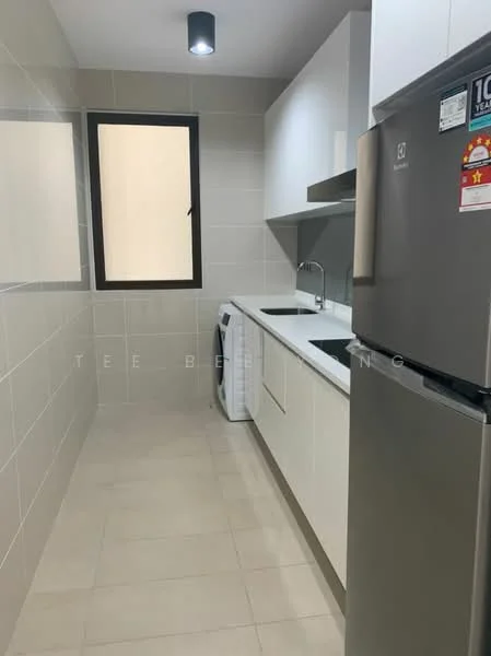 Kitchen features: white cabinetry, grey countertop, stainless-steel sink, chrome pull-down faucet, built-in oven, stainless-steel fridge, white tiled walls, light grey floor tiles, window with black frame, recessed ceiling light; style: modern.