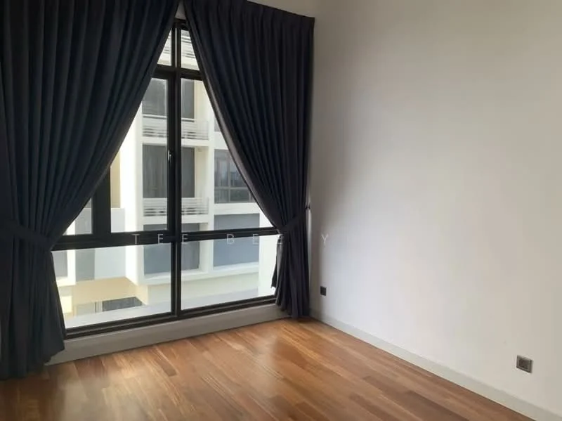 Room features: floor-to-ceiling windows, dark grey curtains, white painted walls, wooden flooring, minimalist design; style: modern; view: city.