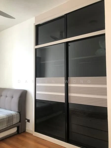 Bedroom features: grey upholstered bed, striped bedding, built-in wardrobe with sliding doors, black framed glass doors, wooden flooring, ceiling fan, neutral wall color, minimalist decor; style: modern.