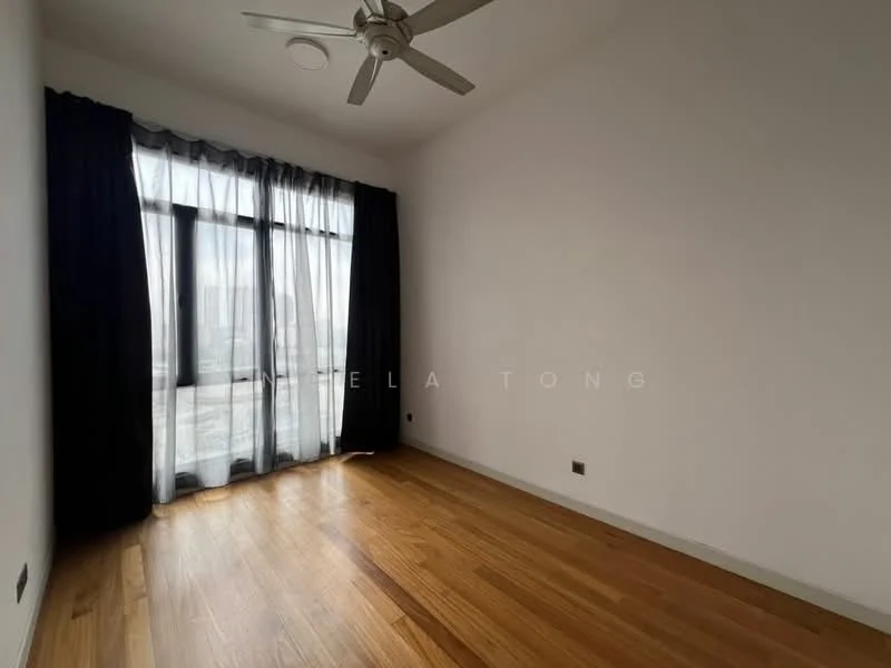 Room features: wooden flooring, floor-to-ceiling windows, blackout curtains, ceiling fan, white painted walls, recessed downlights; style: modern; view: city.