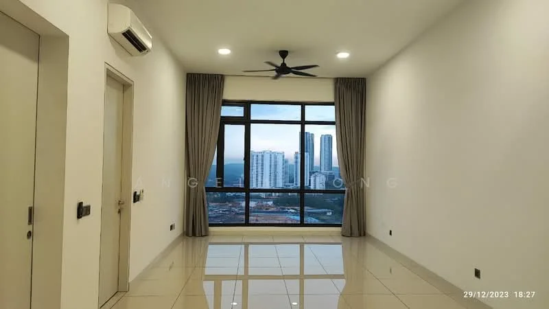 Living features: white painted walls, glossy ceramic tile flooring, 5-blade ceiling fan with light, floor-to-ceiling windows, sheer curtains, city skyline view, air conditioning unit, recessed lighting; style: modern; view: city.