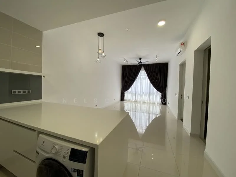 Living features: white painted walls, glossy tile flooring, 5-blade ceiling fan with light, floor-to-ceiling windows, sheer curtains, dark brown curtains, recessed downlights, open layout, washer-dryer combo, kitchen island with countertop; style: modern.