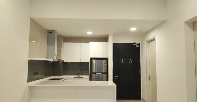 Kitchen features: white shaker cabinets, grey countertop, stainless-steel sink, chrome pull-down faucet, built-in oven, stainless-steel fridge, ceramic tile flooring, recessed downlights, grey backsplash, open shelving, wall-mounted extractor hood; style: modern.