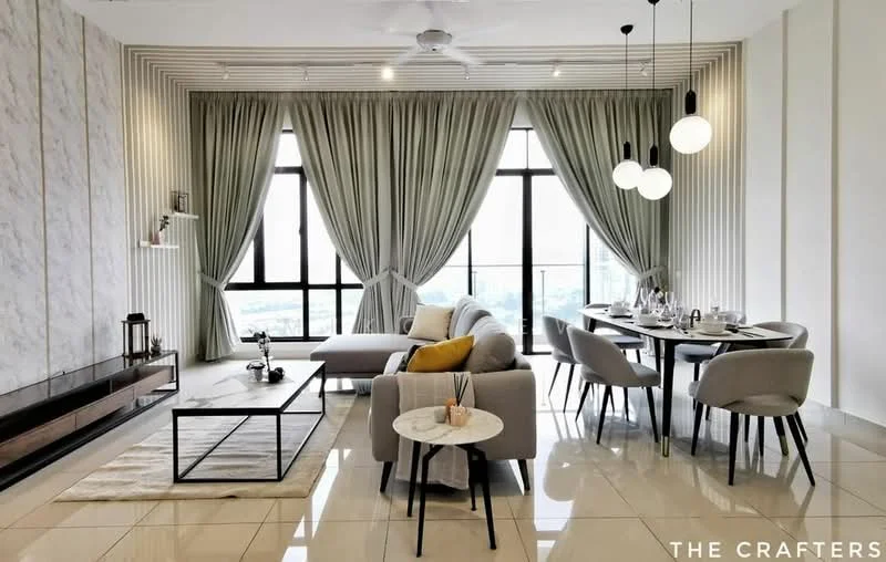 Living features: grey fabric L-shape sectional sofa, decorative yellow throw pillow, white marble coffee table, black metal coffee table base, area rug with geometric pattern, wall-mounted TV console in dark wood, floor-to-ceiling windows, sheer curtains, recessed downlights, 3-blade ceiling fan, dining table with 6 upholstered chairs, decorative centerpieces on dining table; style: modern; view: city.